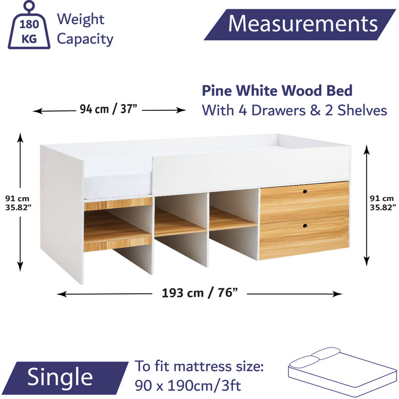 Milena Kids UK Single - Cabin Bed Frame Single Mid Sleeper With Drawers Desk Bookshelf
