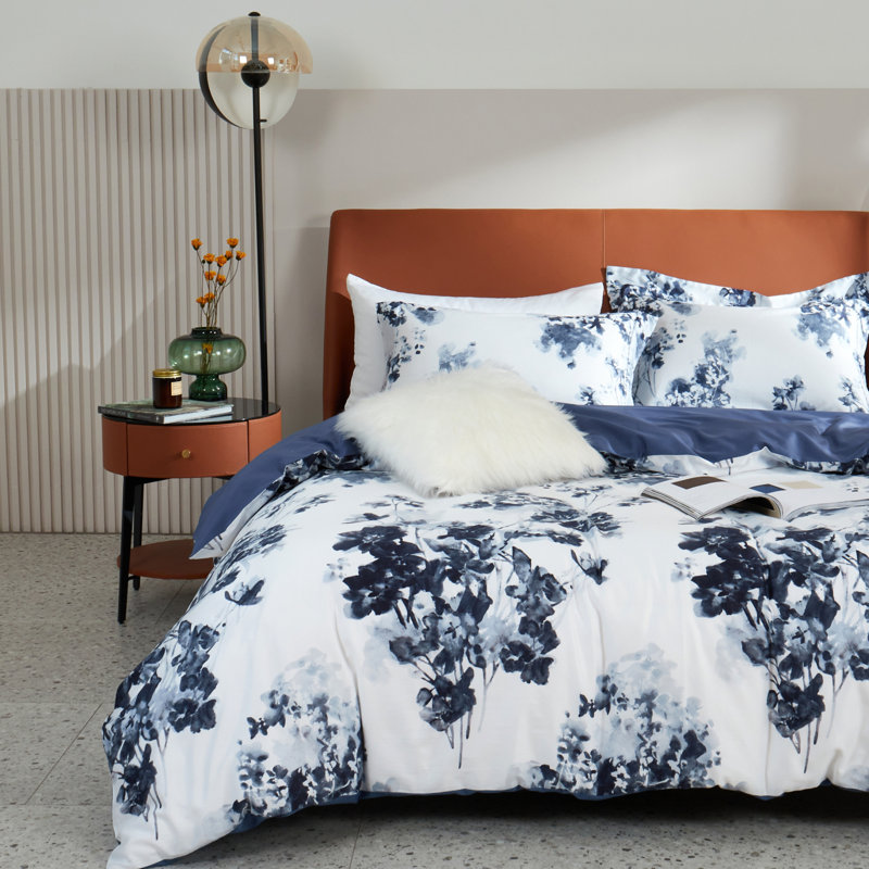 Ensemble de housse de couette à motif aquarelle bleu marine 3 pièces Lunaria, 100% coton à longues fibres, confort doux et respirant
