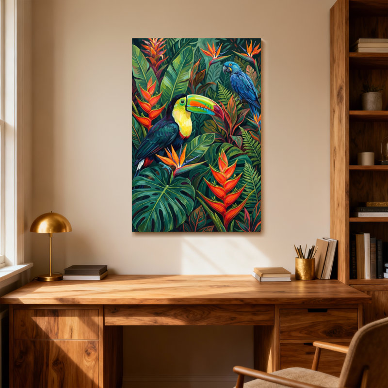 Animaux, oiseaux tropicaux et motif de feuillage luxuriant, H 24 po x l 36 po