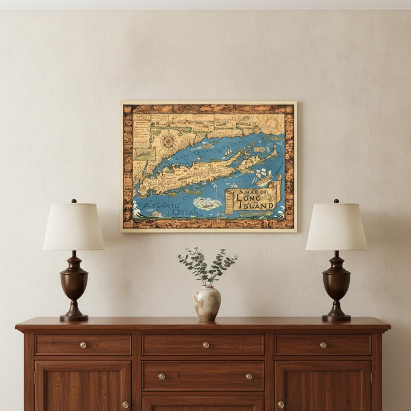 Art mural rétro de 1933, carte de Long Island, H 20 po x l 30 po x P 0,1 po