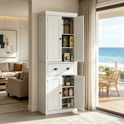 Armoire de rangement autoportante avec tablettes réglables, parfaite pour l'organisation et l'élégance de la cuisine et de la salle de bain.