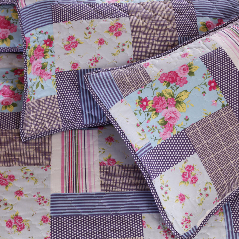 Ensemble de courtepointe réversible 100% coton 3 pièces Patchwork Floral, Grand, Patchwork mauve