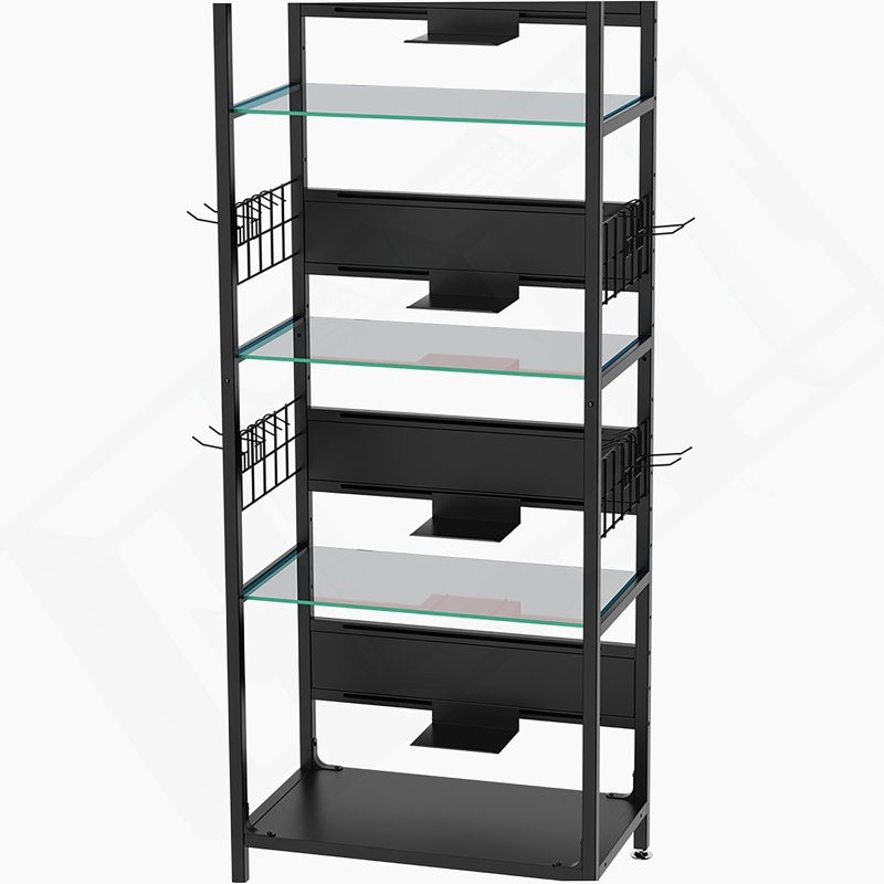 4-Tier Glass Display Shelf With RGB Lights, LED Lighted Curio Cabinet, Adjustable Storage And Hooks For Versatile Use