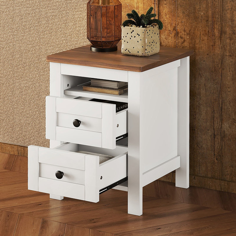 Table de chevet 2 tiroirs en bois de style campagne, blanc et brun