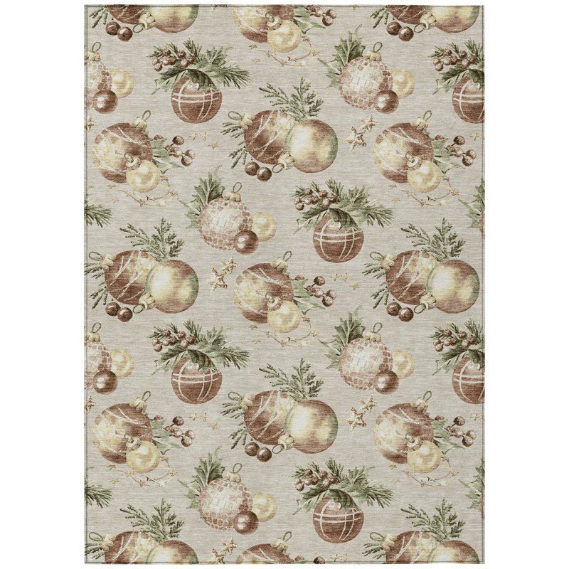 Machine Washable Indoor/Outdoor Christmas Balls Xhevrie Beige Rug, Rectangle 9' x 12'