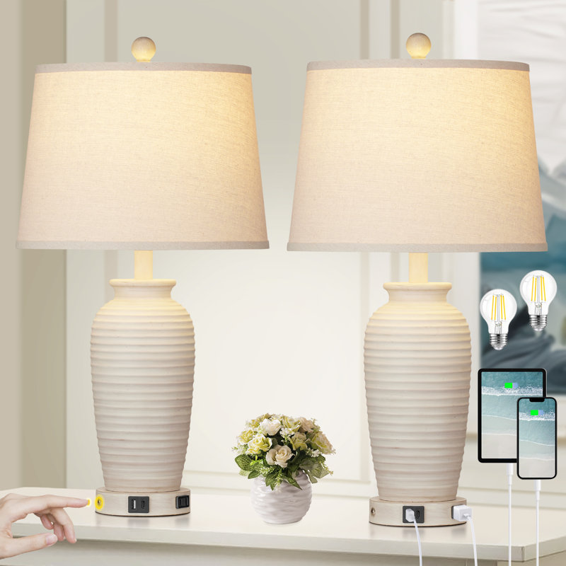 Ensemble de lampes de table de chevet USB 25 "avec commande tactile et ampoules, Beige