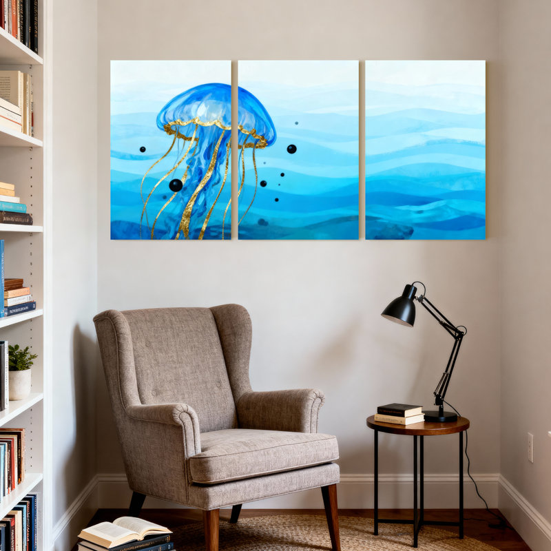 Ensemble de 3 impressions sur toile méduse bleue avec tentacules dorées, H 18 po x l 36 po