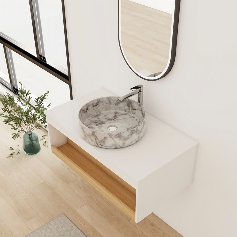 Meuble-lavabo flottant simple 36 po avec lavabo vasque en céramique, Blanc avec motifs gris, 36"