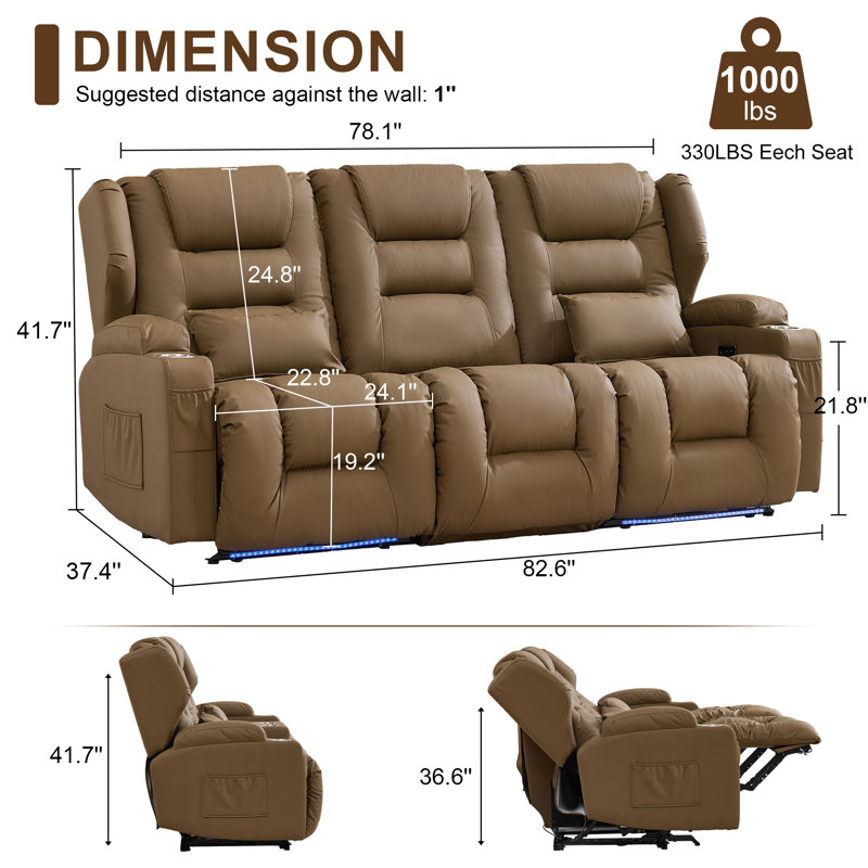 Canapé inclinable électrique 3 places, canapé inclinable en faux cuir avec dossier rabattable, siège de cinéma extra large
