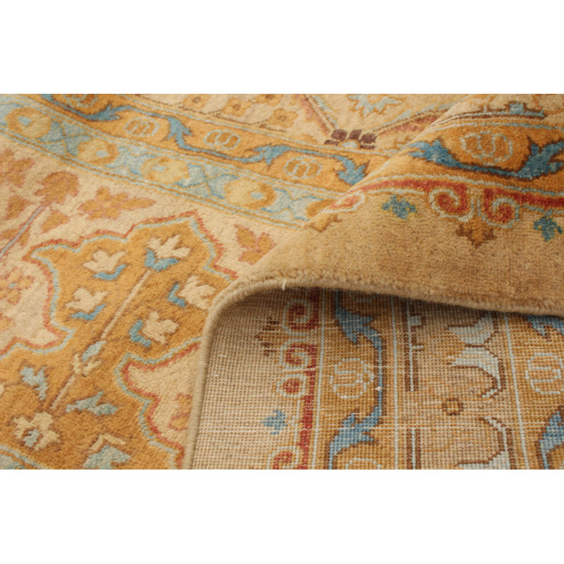 Tapis unique en laine noué à la main style kaki clair nouvel âge 10 pi x 13 pi 8 po Ushak