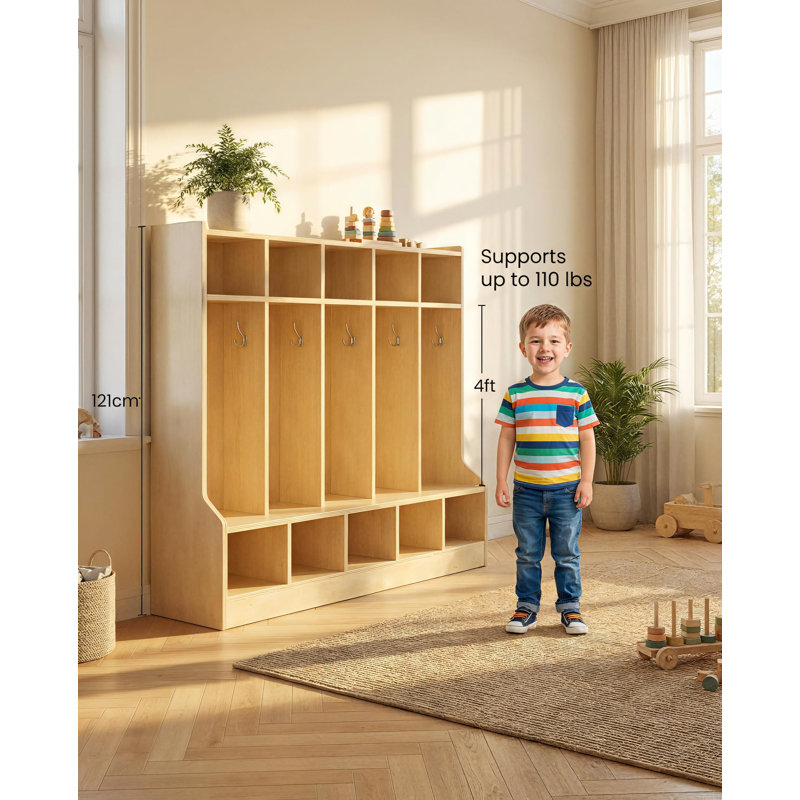  Kids Coat Locker with Bench – 10 Cubbies, 10 Hooks, 2 Storage Boxes, Storage Organizer – Smooth Wood Finish, Hidden Casters – Study Room, Nursery, Home Office – Trumpet Natural Wood Color