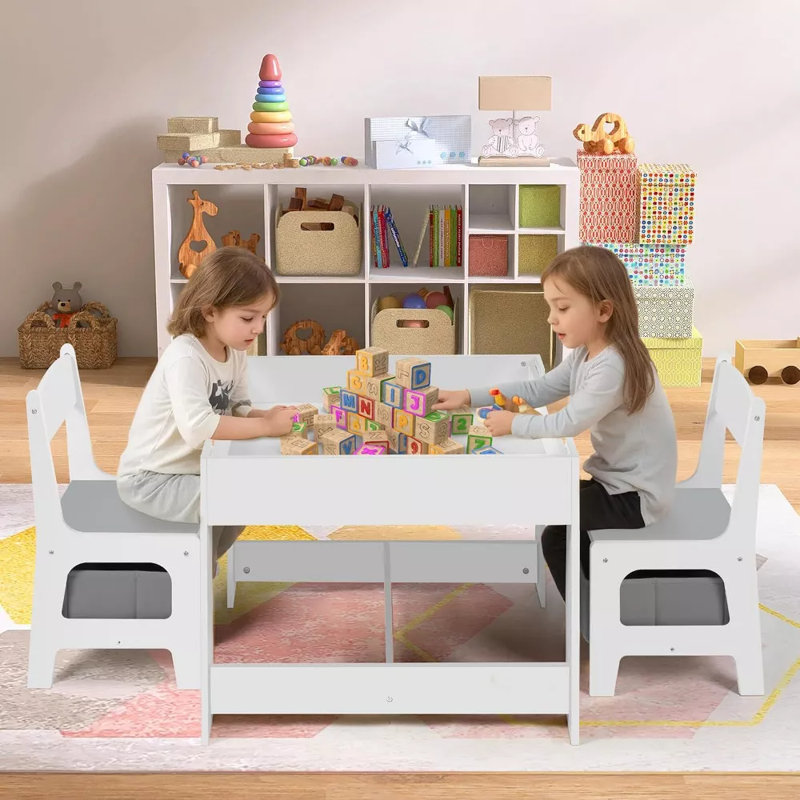 Ensemble de table et 2 chaises pour enfants 3 en 1 avec rangement, plateau amovible et tableau noir, pour l'art, l'artisanat, la lecture, le jeu