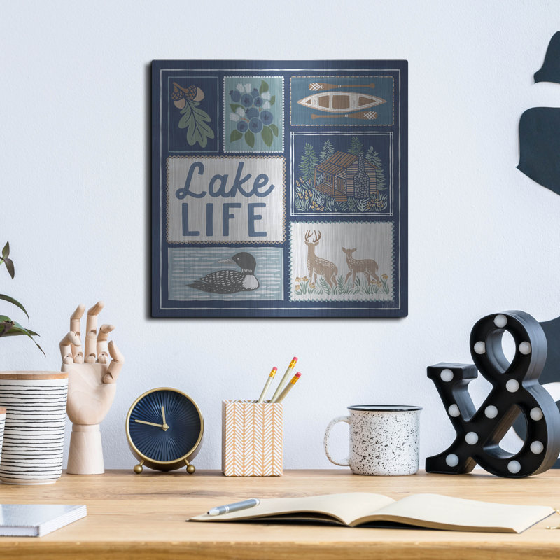 Art mural en métal luxueux «Lakeside Days 7 Blue» par Laura Marshall, H 12 po x l 12 po