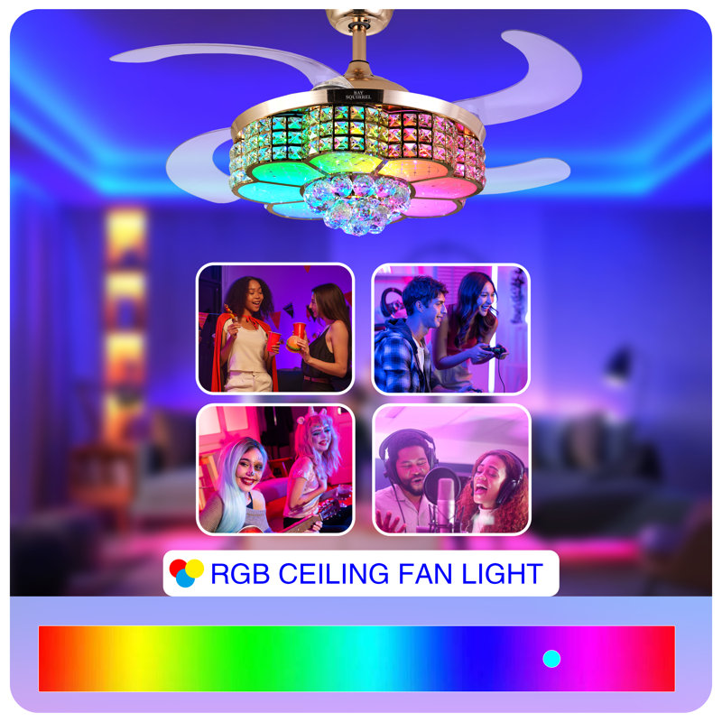 42-inch Retractable Room Decor Crystal Fan with Colorful Lighting, Built-in Speaker, Remote Control & App Control, 6-Speed Reversible Blades, 3-Color LED Dimmable Pendant Light Fan with Color Temperature Memory