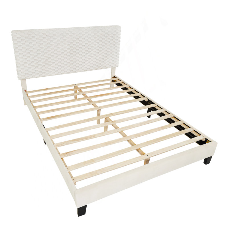 Lit plateforme tapissier Findlay Plush 3D colombe blanche, Lit double 