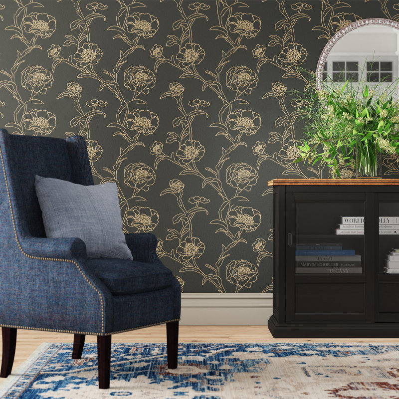 Peonies Peel and Stick Wallpaper, Noir, 33" L x 20.5" W