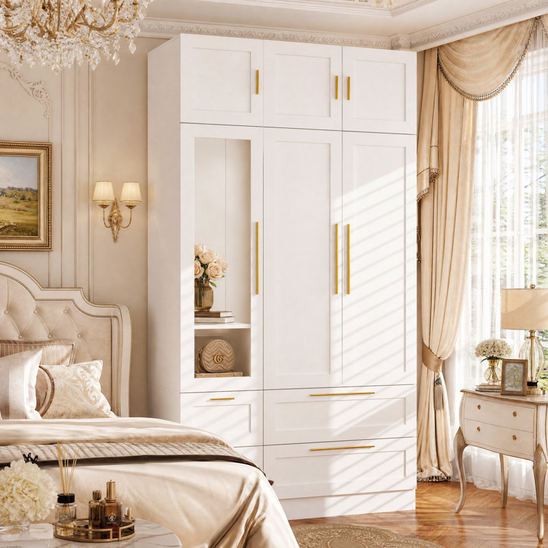 Armoire-penderie 6 portes de 119 cm de large avec garde-robe supérieure, grand miroir, tiroirs, étagères et tringle., Blanc