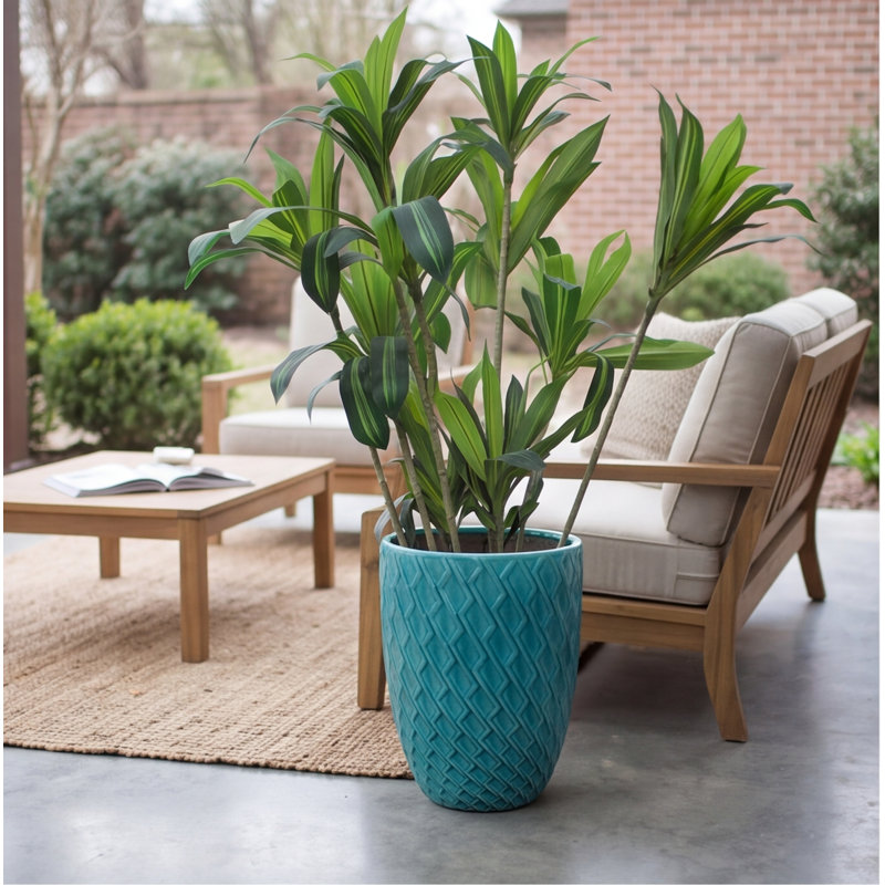 Pot de fleurs en céramique fait à la main de 16,5 pouces, cyan sarcelle avec motif de losanges, argile respirante pour plantes d'intérieur / extérieur