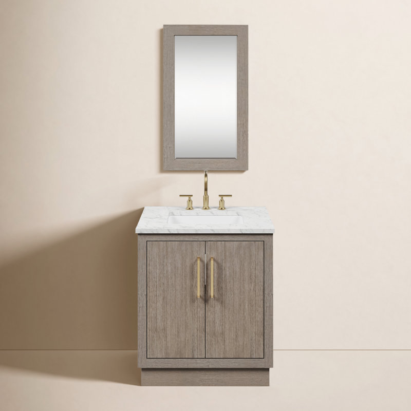 Hugo 30 In. Single Sink Carrara White Marble Countertop Vanity In Grey Oak With Gooseneck Faucet, Satin Gold, Mirror Included