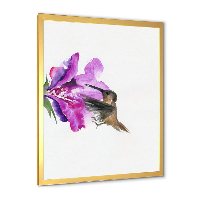 Fleur fuchsia rétro - peinture sur toile, H 40 po x l 30 po x 1,5 po, Cadre doré