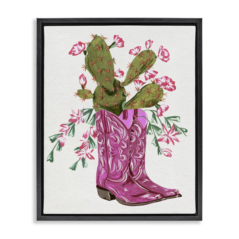 Art mural sur toile flottant rose avec cactus et bottes par Melissa Wang, Cadre flottant noir de jais, H 21 po x l 17 po