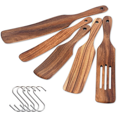5-Piece Natural Teak Wooden Spurtle Set For Cooking, Stirring, Mixing & Serving - Scratch-Resistant Kitchen Utensils For Nonstick Cookware, Heat-Resistant & Durable Wooden Spoons