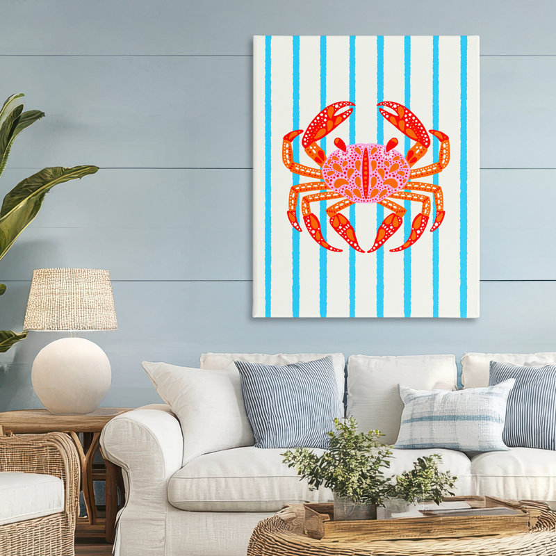 Crabe vif sur toile rayée, design par Indira Prieto | IndySign, H 48 po x l 36 po