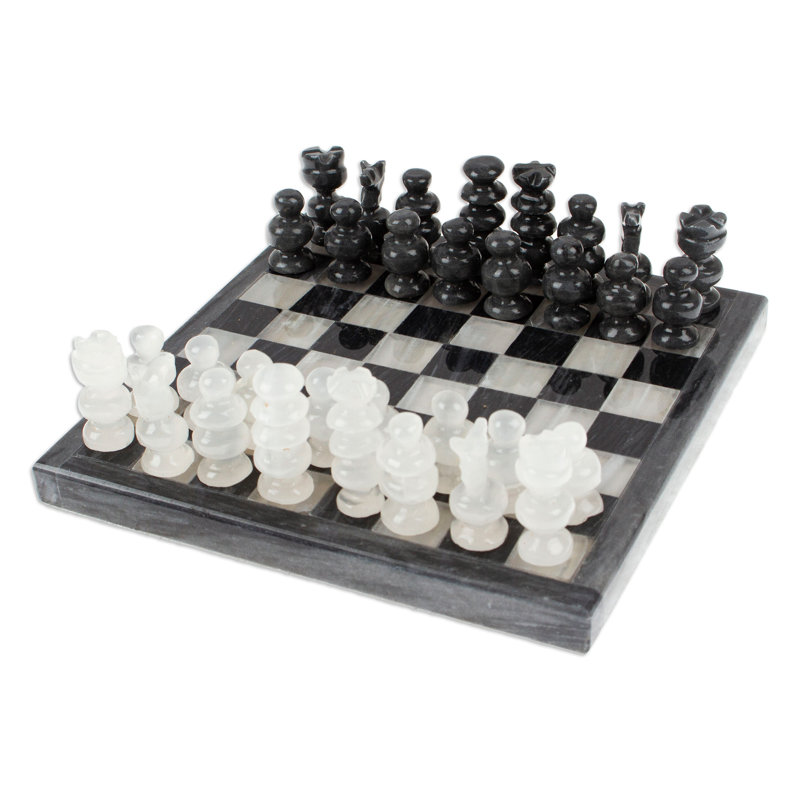 Grey and Ivory Challenge Mini Onyx and Marble Chess Set in Grey and Ivory