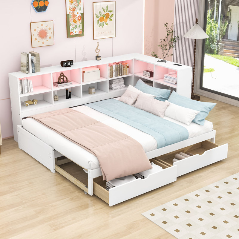 Twin XL to King Wood Daybed with 2 Drawers, Shelves, LED Light and Charging Station, White