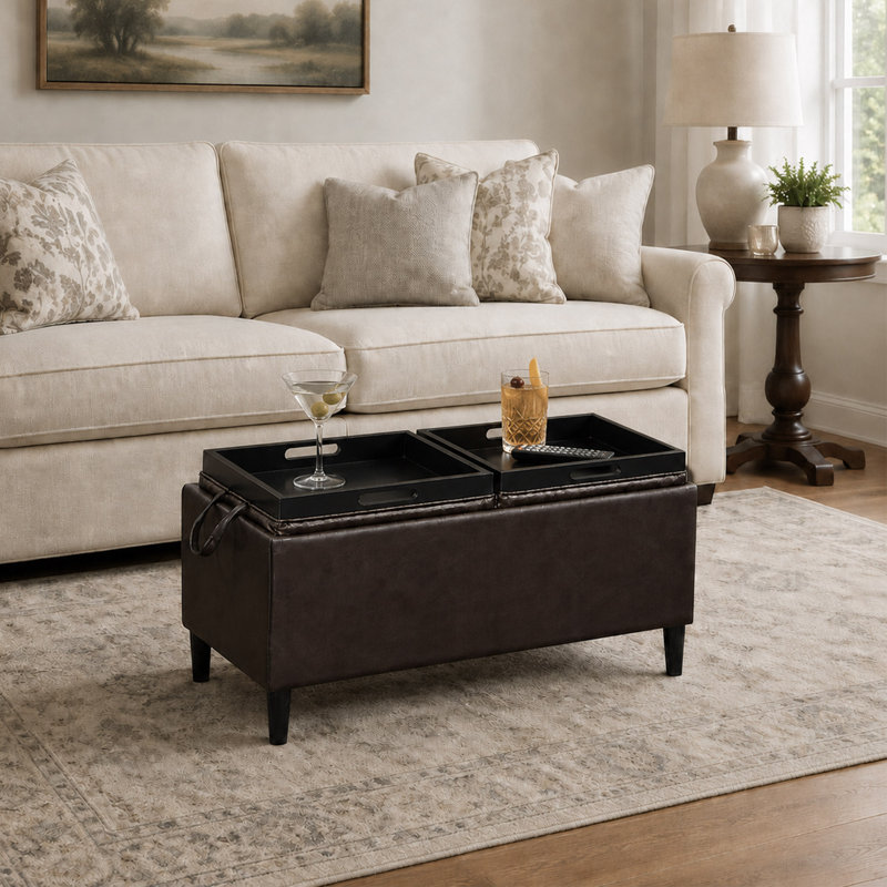 Maggie Upholstered Ottoman with Reversible Tray and Solid Wood Legs, Espresso Faux Leather
