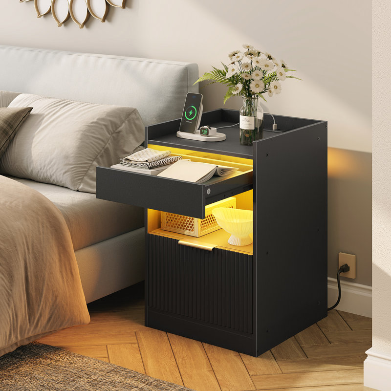  15.7'' W Nightstand with Charging Station and LED Lights