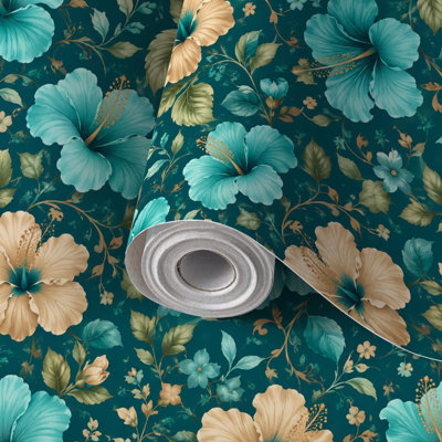 Papier auto-adhésif à peler et coller avec hibiscus tropical, fleurs, sarcelle, beige, auto-adhésif et amovible 17,7 po x 118 po (45 x 300 cm)
