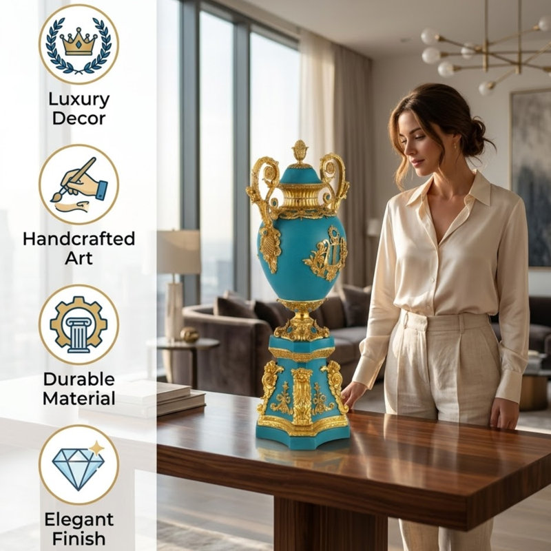 Elegant and Decorative 43 Inch Exquisite Cherub Vase with Blue Porcelain & Bronze for Home Décor