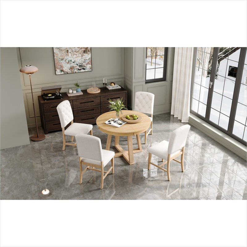 Ensemble de salle à manger rond et ovale pour 4 personnes, table en bois massif avec rallonge de 16 pouces et chaises rembourrées, naturel naturel