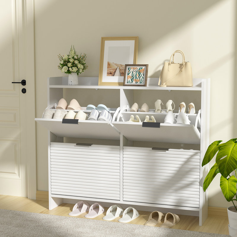 Shoe Storage Cabinet With 4 Flip Drawers, Hidden Slim Shoe Rack Cabinet With Adjustable Shelf, Wooden Shoe Organizer For For Narrow Entryway, Hallway, Bedroom, White