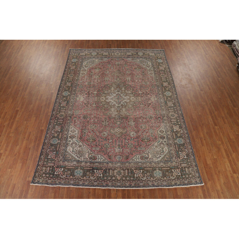 Tapis traditionnel rose délavé à motif géométrique 9 x 13