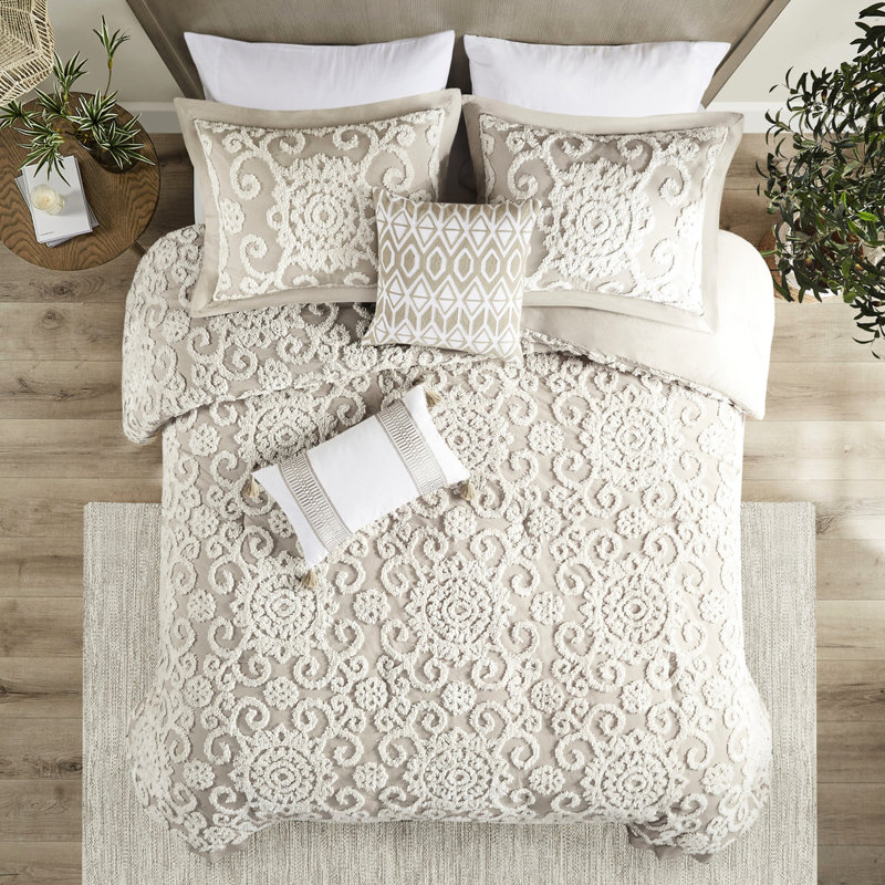 Très grand édredon très grand en taupe avec 100% coton et superbe broderie en chenille pour lit, Taupe