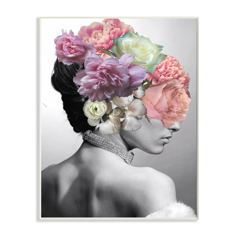 «Fashion Model Profile Flower Pink Grey Collage Design», impression, Plaque murale, H 15 po x l 10 po