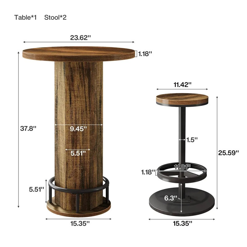 Ensemble de table de bar 3 pièces de style industriel et champêtre, table basse ronde de style pub avec 2 tabourets de bar pour coin bar ou cuisine.