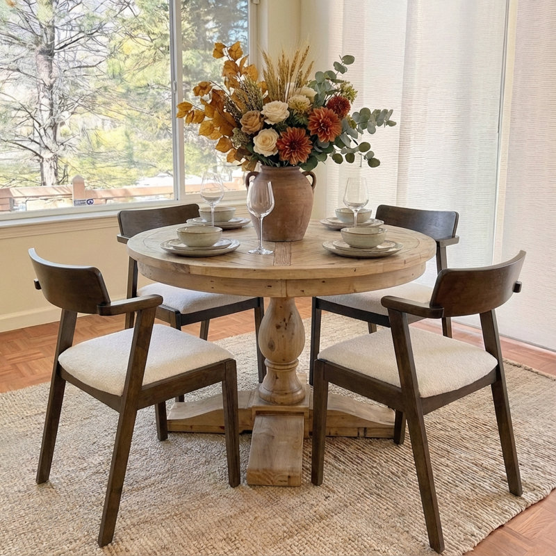 5-Piece Dining Set Mid-Century Modern Round Wooden Table & Upholstered Chair Set For Home, Kitchen, Dining Room