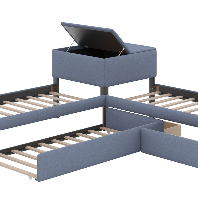 Lit plateforme simple tapissier en forme de L avec lit gigogne, tiroirs et bureau intégré