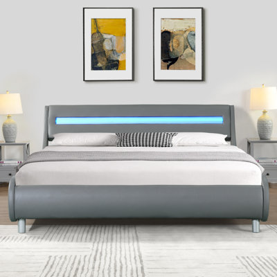 Queen Faux Leather Upholstered Bed With Led Lighting, Curve Design, Wood Slat Support, Easy To Assemble, Grey Colour Frame Installation,