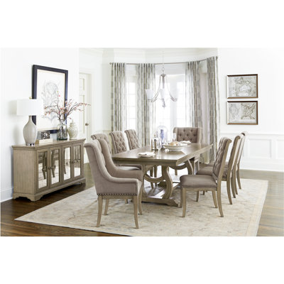 Table classique 9 pièces avec design luxueux et table extensible, chaises capitonnées à boutons, rallonge autoportante, base en tréteaux, finition grise, tissu crème, 8 sièges de table