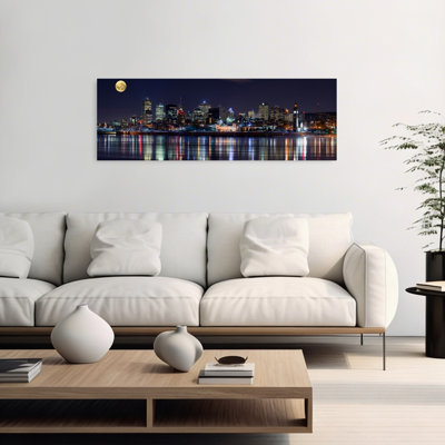 Moonlit City Reflections 1 Piece Wrapped Canvas Panoramic Wall Art