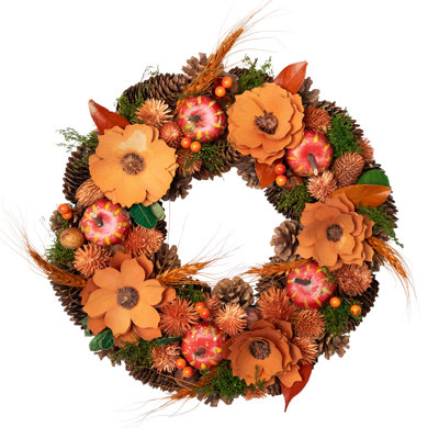 Orange And Red Fall Wreath With Gourds And Flowers - 13.25-Inch  Unlit