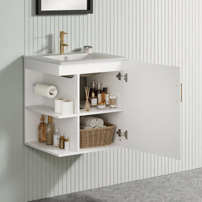 Meuble-lavabo mural noir avec lavabo et rangement latéral - Porte à fermeture douce, design moderne
