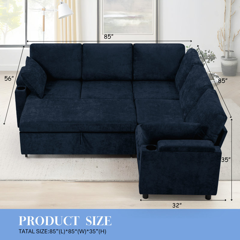 85" Modular Chenille Sectional Sleeper Sofa Bed With USB Charging Ports And Pull-Out Bed For Living Room, Blue