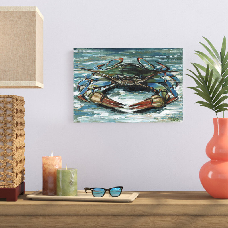 «Blue Palette Crab II» par Carolee Vitaletti - peinture sur toile tendue, H 12 po x l 18 po
