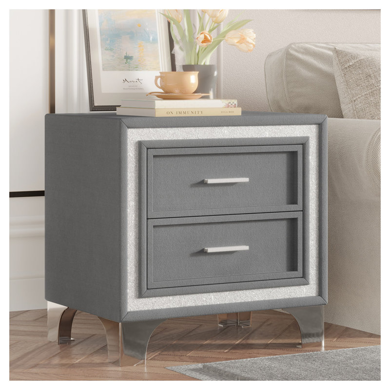 Table de chevet Mid-Century moderne, table de chevet en velours gris avec 2 tiroirs et paillettes argentées, pieds en métal, table de chevet rétro facile à assembler