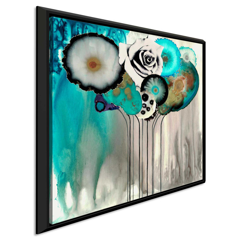 Bouquet turquoise par Laura Can Horne - peinture, H 39,5 po x l 39,5 po x P 2 po, Cadre flottant noir